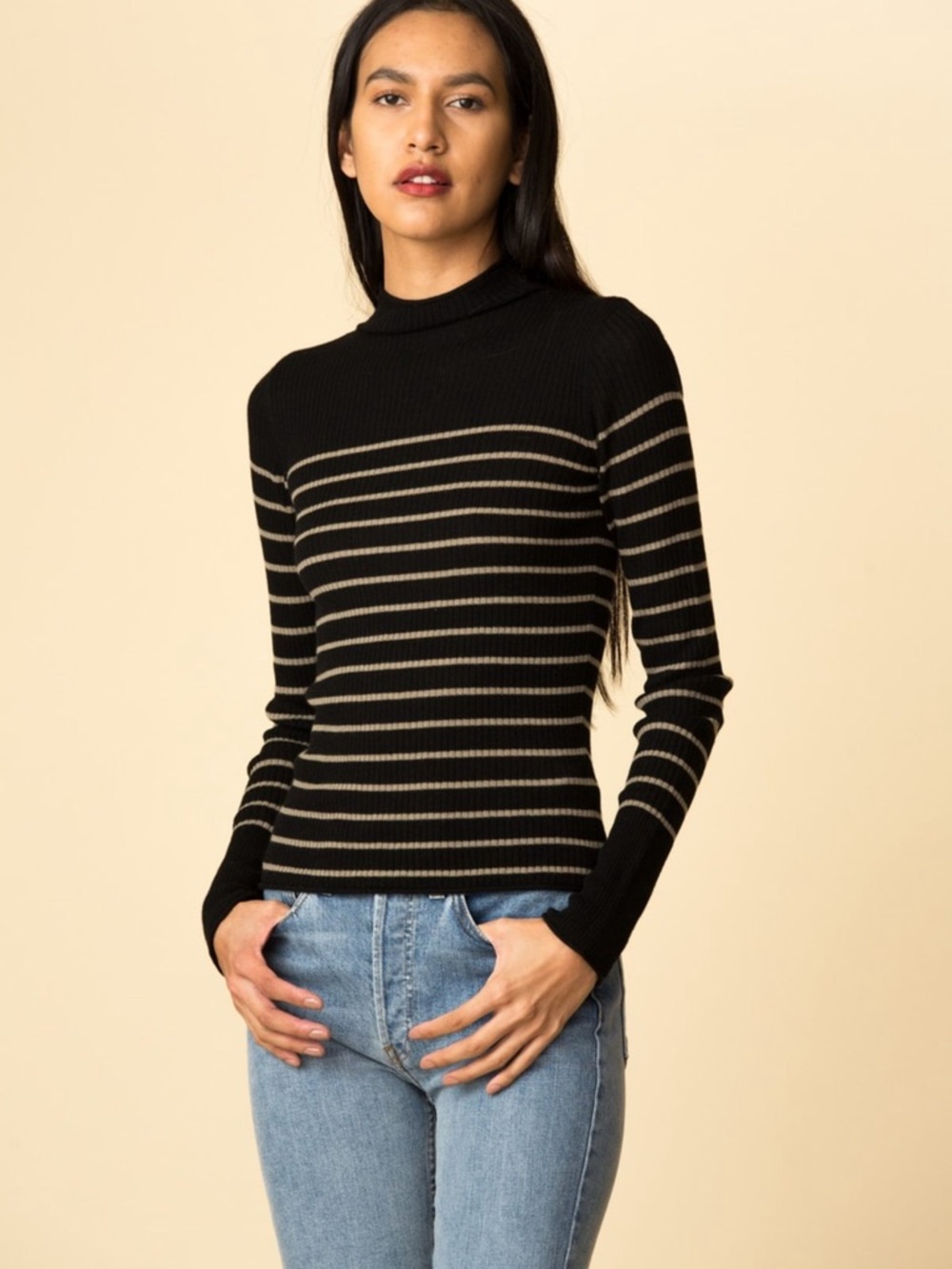 Vince Striped Roll Edge Mock Neck